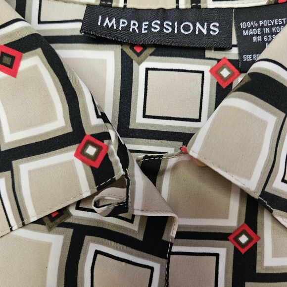 Impressions Womens Beige And Black Geometric Design Button Up Blouse Size L - Picture 5 of 13